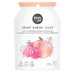 Sunsu Juicy Jelly Peach and Lychee confectionery snacks in colorful packaging with assorted fruit jellies.