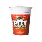 Pot Noodle Beef & Tomato grocery cup with noodles, beef chunks, and tomato sauce displayed in a clear container.