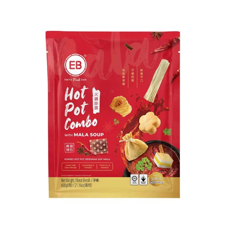 EB Hotpot Combo with Mala Soup 600g, featuring traditional spicy Mala broth and fresh hotpot ingredients in a convenient package.
