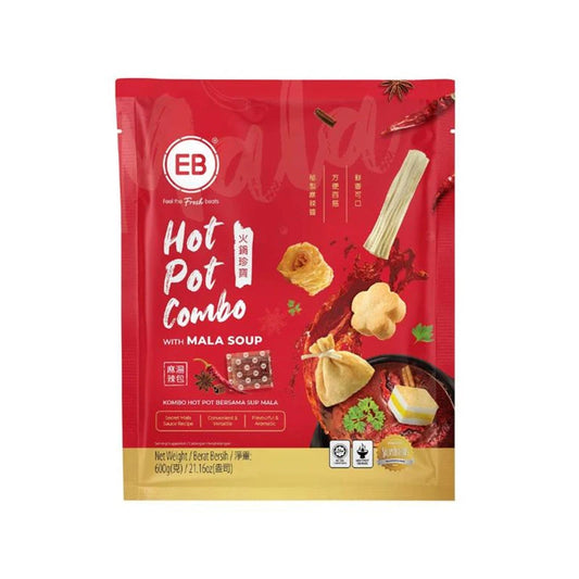 EB Hotpot Combo with Mala Soup 600g, featuring traditional spicy Mala broth and fresh hotpot ingredients in a convenient package.