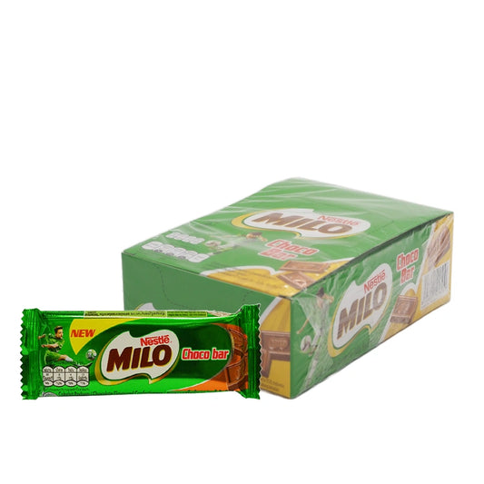 MILO chocolate bar 15g, single serving, with the iconic MILO branding, shown in its wrapper on a plain background.