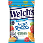 Welch's Fruit Snacks Mixed Fruit confectionery snacks in colorful packaging, featuring an assortment of fruit-flavored gummy treats.