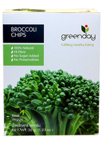 Greenday Broccoli Chips, healthy confectionery snack in a clear bag, featuring vibrant green broccoli slices.