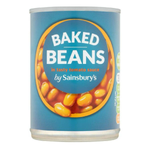 Cans of Sainsbury's Baked Beans in Tomato Sauce, grocery aisle display with the product label visible