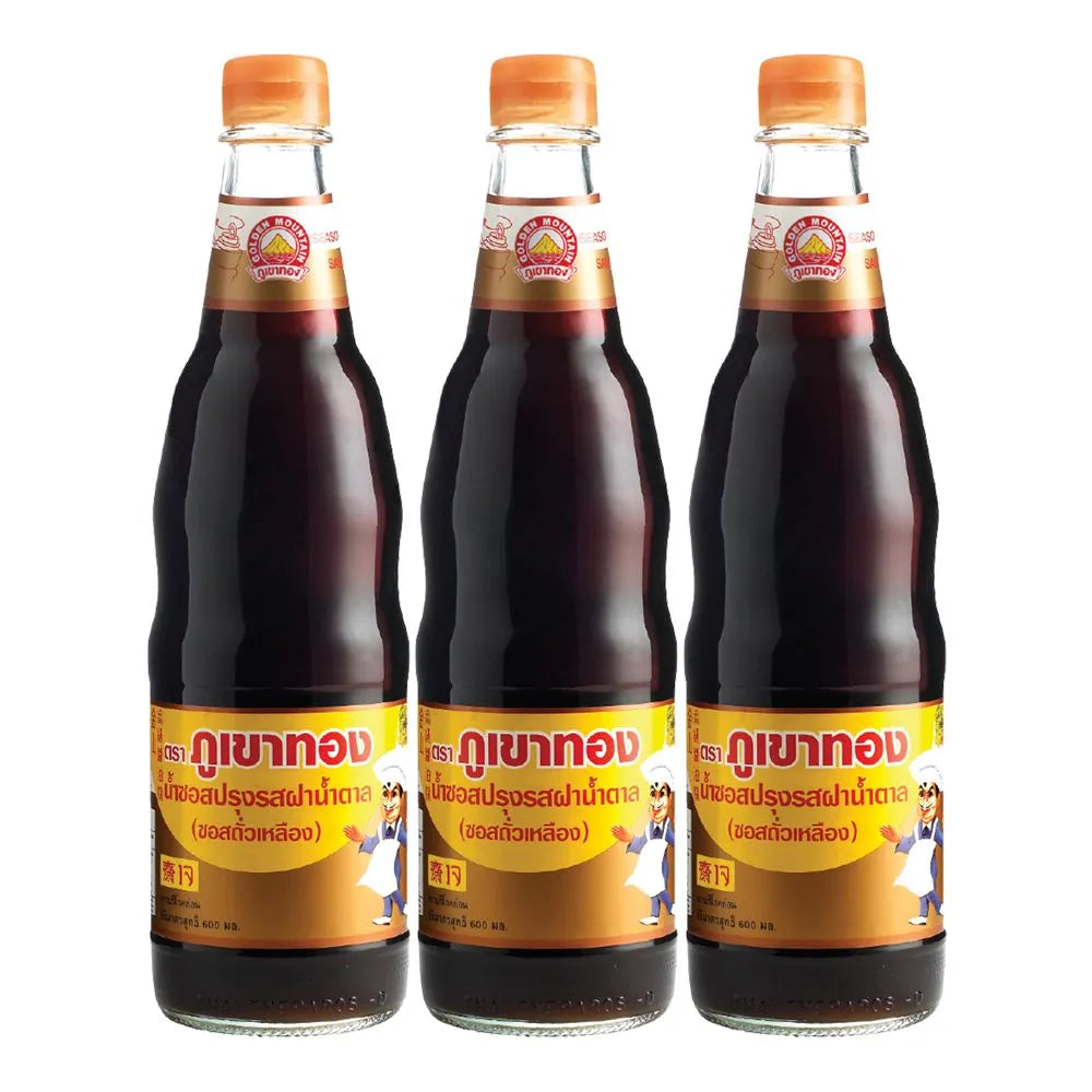 Golden Mountain Brown Sauce bottles, 600 ml each, featuring the Golden Mountain brand label and dark savory sauce inside.