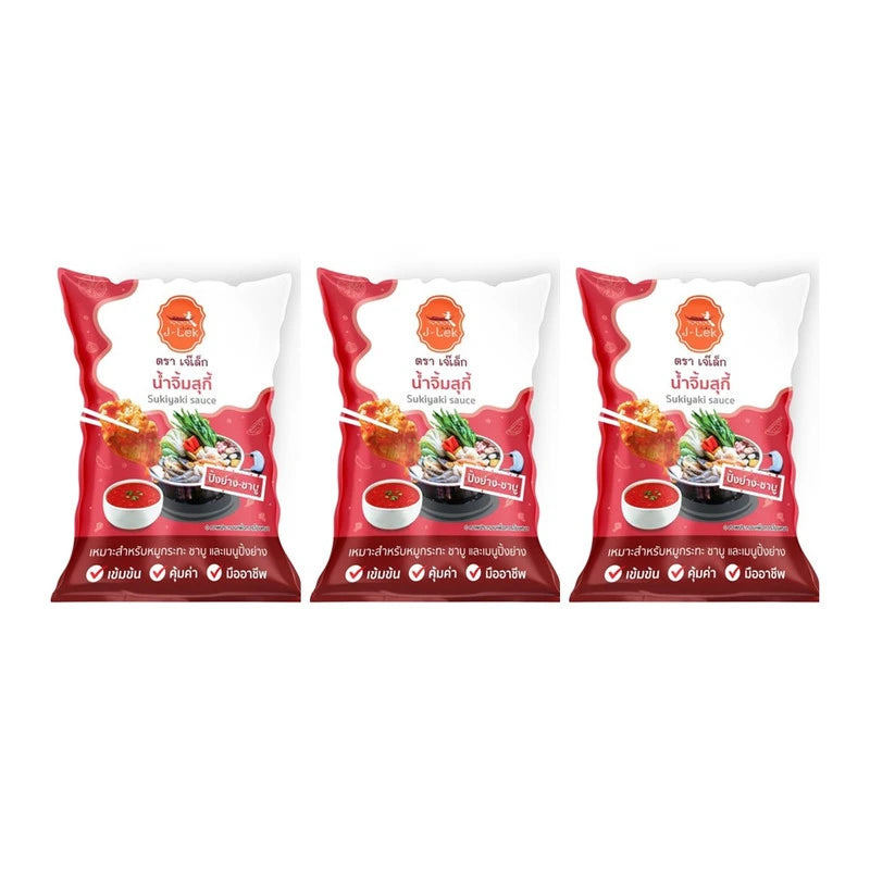 J-LEK Suki Dipping Sauce in three 1,000g bags, featuring a clear image of the sauce bottles with labels and caps.