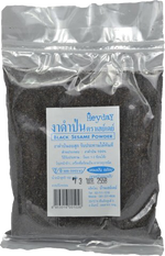 Heyday black sesame powder in a container, showing the dark sesame seeds used for cooking and baking.