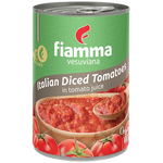 Fiamma Vesuviana organic diced tomatoes in organic tomato juice, grocery product with vibrant red diced tomatoes in a jar