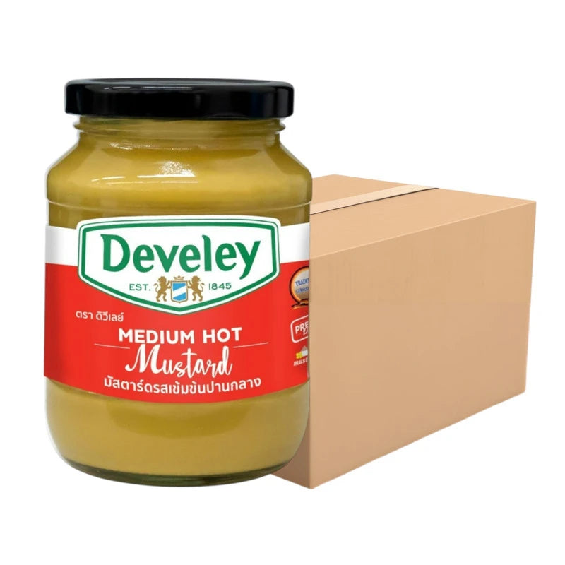 DEVELEY Medium Hot Mustard 350g bottle, pack of 12, with yellow mustard sauce and label visible in the image