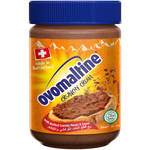 Jar of Ovomaltine Crunchy Cream spread with textured chocolate and malt ingredients, labeled with Ovomaltine branding.
