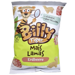 Billy Tiger Mais Lamas Erdbeere confectionery snack featuring pink strawberry-flavored maize lamas in colorful packaging