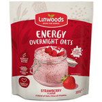 Linwoods Strawberry Energy Overnight Oats in a jar with fresh strawberries and oats on a white background.