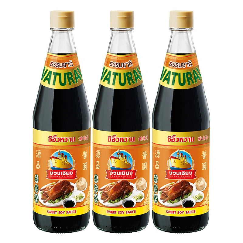 NGUAN CHIANG Sweet Soy Sauce 700ml bottle, three-pack, featuring dark, glossy soy sauce with traditional packaging.
