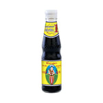 Deksomboon Thin Soy Sauce 300ml bottle, clear glass container with dark soy sauce, ideal for Asian cooking and seasoning.