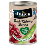 Canned Daucy Red Kidney Beans in a label with a bowl of cooked beans and fresh herbs on a grocery store shelf.