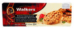 Walkers White Chocolate & Raspberry Biscuit, confectionery snack with white chocolate coating and raspberry filling, on a white background.