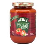 Heinz Spaghetti Instant Italian sauce in a jar, ready-to-eat Italian pasta topping with rich tomato flavor, on a grocery shelf.