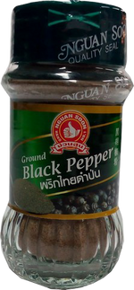 Nguan Soon Black Pepper Powder in a clear jar, showing dark ground pepper for culinary use in groceries.