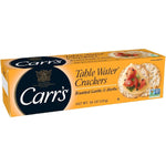 Carr's Table Water Crackers with garlic flavor, showcasing crispy, thin snack crackers perfect for cheese and spreads.