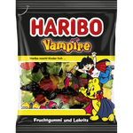 Haribo Vampire confectionery snacks featuring colorful vampire-shaped gummy candies in bright packaging.