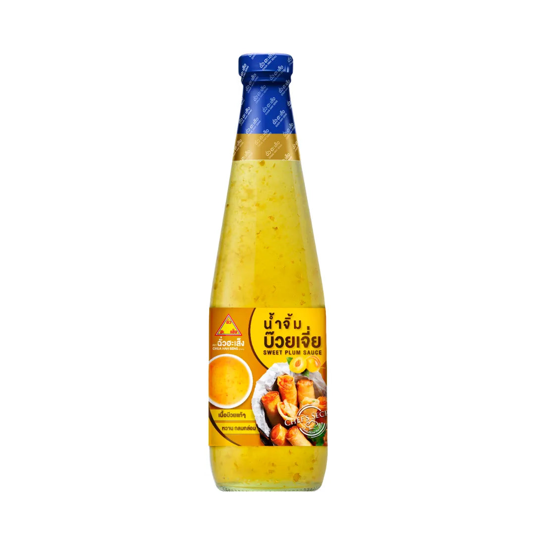 Chua Hah Seng Sweet & Sour Plum Sauce 730g jar with red plum sauce filling and branded label on a white background