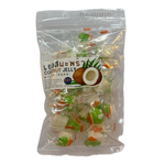 Maeying Coconut Jelly confectionery snack in clear packaging, showcasing smooth, translucent coconut-flavored jelly cubes.