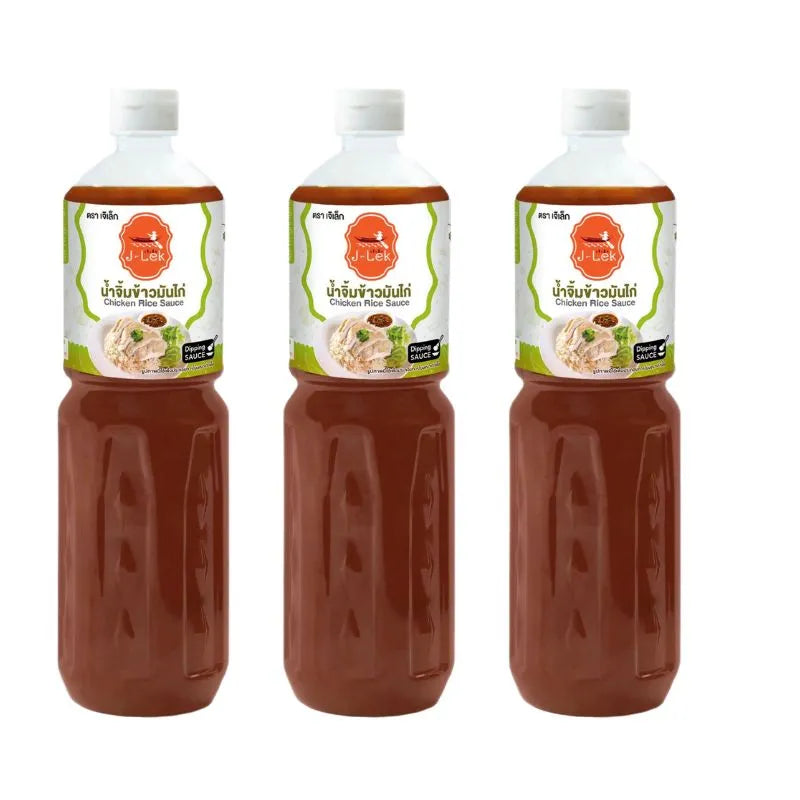 Three bottles of J-LEK Chicken Rice Dipping Sauce, 560 grams each, with clear label showing the sauce inside.