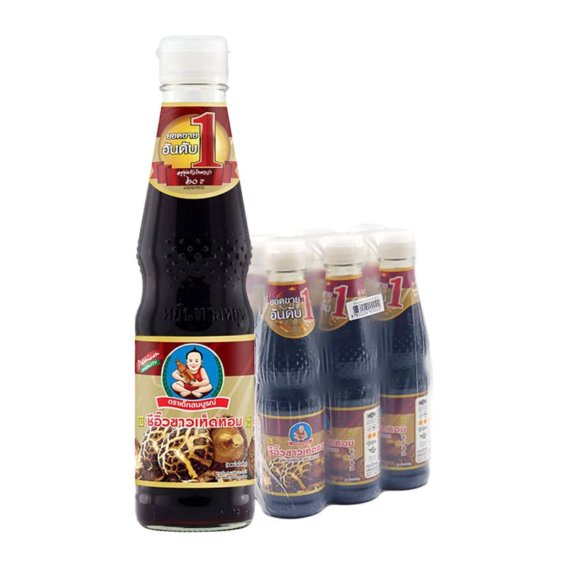 DEK SOM BOON Mushroom Sauce in a 300ml bottle, displayed in a six-pack, with fresh mushrooms and ingredients on the label.