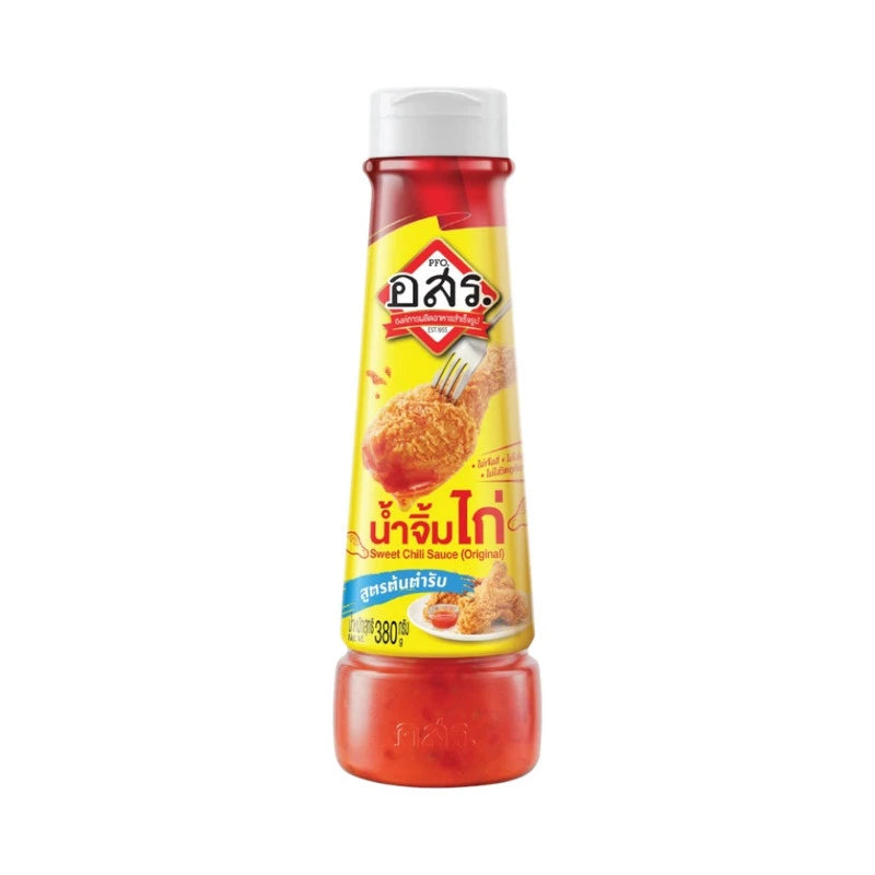 Aor Sor Ror sweet chili sauce in 380g bottle, showing the original recipe label and vibrant red chili sauce inside.