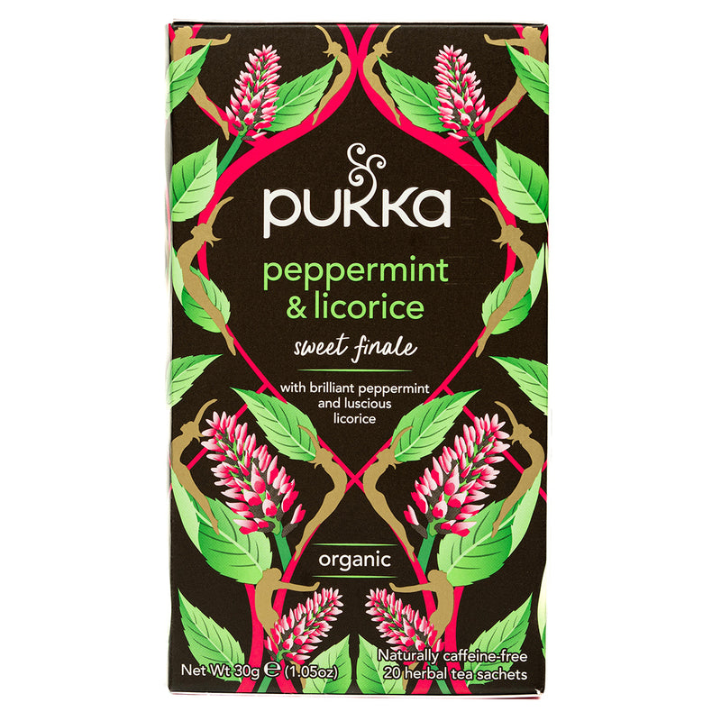 Pukka Peppermint and Licorice tea bags in a box, caffeine-free herbal drink for soothing and healthy refreshment.