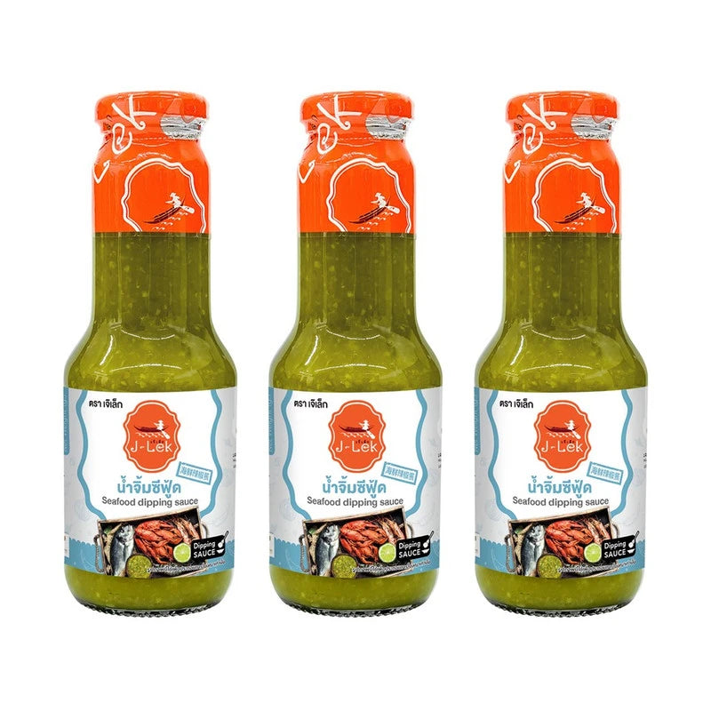 Three bottles of J-LEK Seafood Dipping Sauce, 345g each, shown in a pack, with labels and caps visible.
