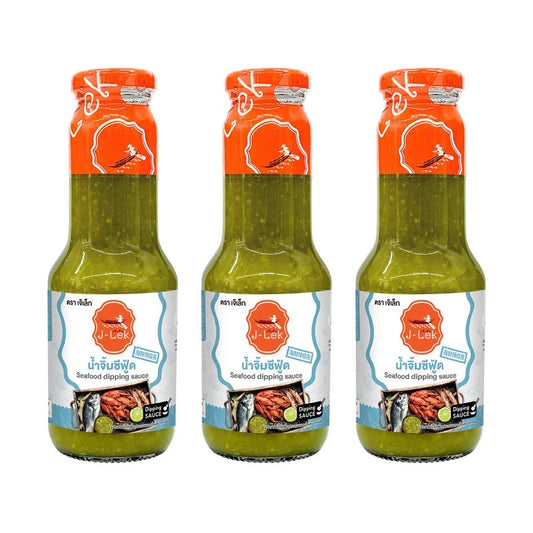 Three bottles of J-LEK Seafood Dipping Sauce, 345g each, shown in a pack, with labels and caps visible.