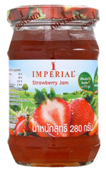 Jar of Imperial Jam Strawberry, a grocery product, with a label featuring fresh strawberries and the Imperial brand name.