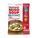 Marukome Miso Soup with tofu in a 152g dry grocery package, featuring a bowl of miso soup with tofu cubes.