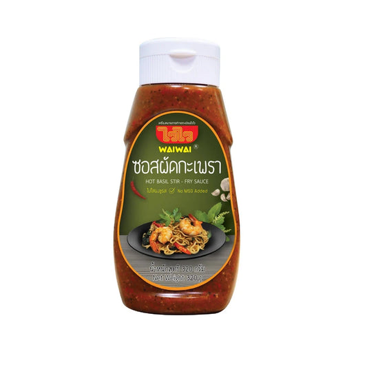 WAIWAI Basil Stir-Fry Sauce in 320g bottle, featuring fresh basil and flavorful ingredients for Asian-style cooking.
