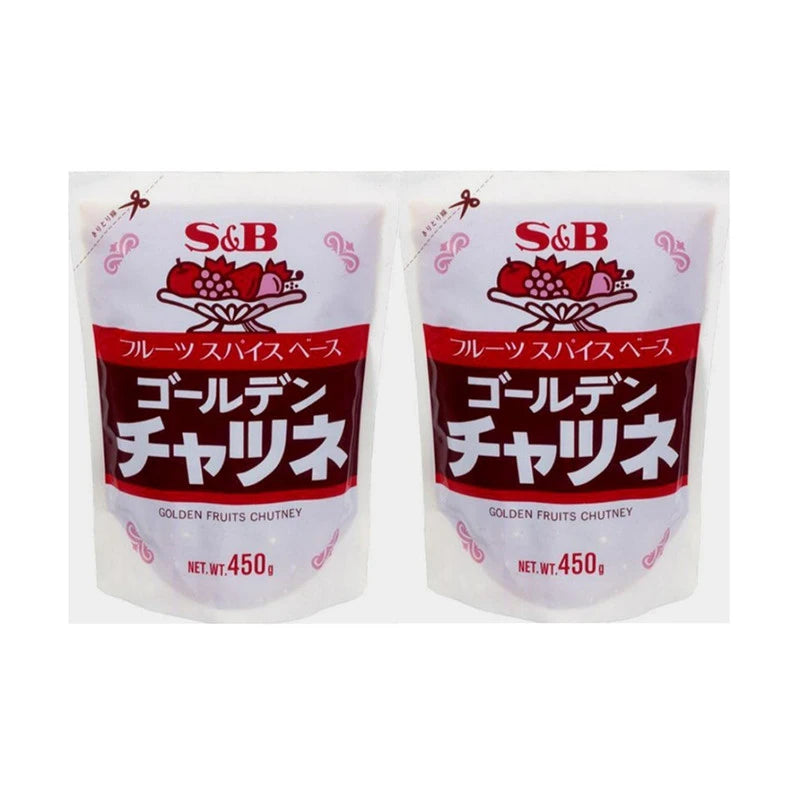 S & B Golden Fruits Chutney with papaya, apple, and spices in two 450g bags, made in Japan.