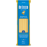 De Cecco Bucatini #15 pasta in a clear bowl, showcasing the short, thick Italian spaghetti with a golden color.