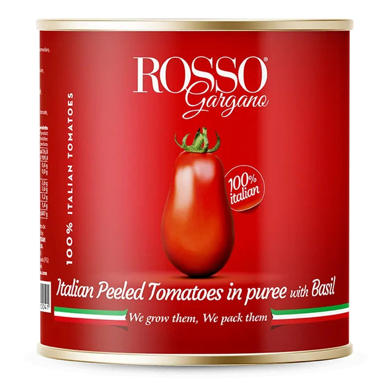 Whole peeled tomatoes from ROSSO, 2.55 kg bag, showing bright red, ripe tomatoes with smooth skins in a clear container.