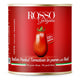 Whole peeled tomatoes from ROSSO, 2.55 kg bag, showing bright red, ripe tomatoes with smooth skins in a clear container.