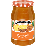Jar of Smucker's Pineapple Preserves with golden pineapple chunks in sweet preserve spread, ideal for breakfast or snacks.