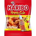 Haribo Jelly Happy Cola confectionery snacks featuring colorful cola-shaped gummy candies on a white background.