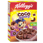 Kellogg's Coco Galaxy cereal box with colorful space-themed design and a bowl of chocolate-flavored cereal with milk.