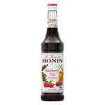 Bottle of MONIN Raspberry Syrup in 700ml size, featuring a bright raspberry flavor label and clear plastic bottle.