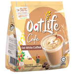 Oatlife Oat White Coffee in a glass cup, showing a creamy coffee beverage with a frothy top.