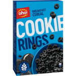 Oho Breakfast Cereal Cookie Rings in a bowl, showcasing the colorful cereal rings with a spoon on a white background.
