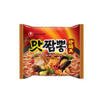Nongshim Champong spicy seafood noodle soup in a dry grocery package with vibrant seafood flavor branding.