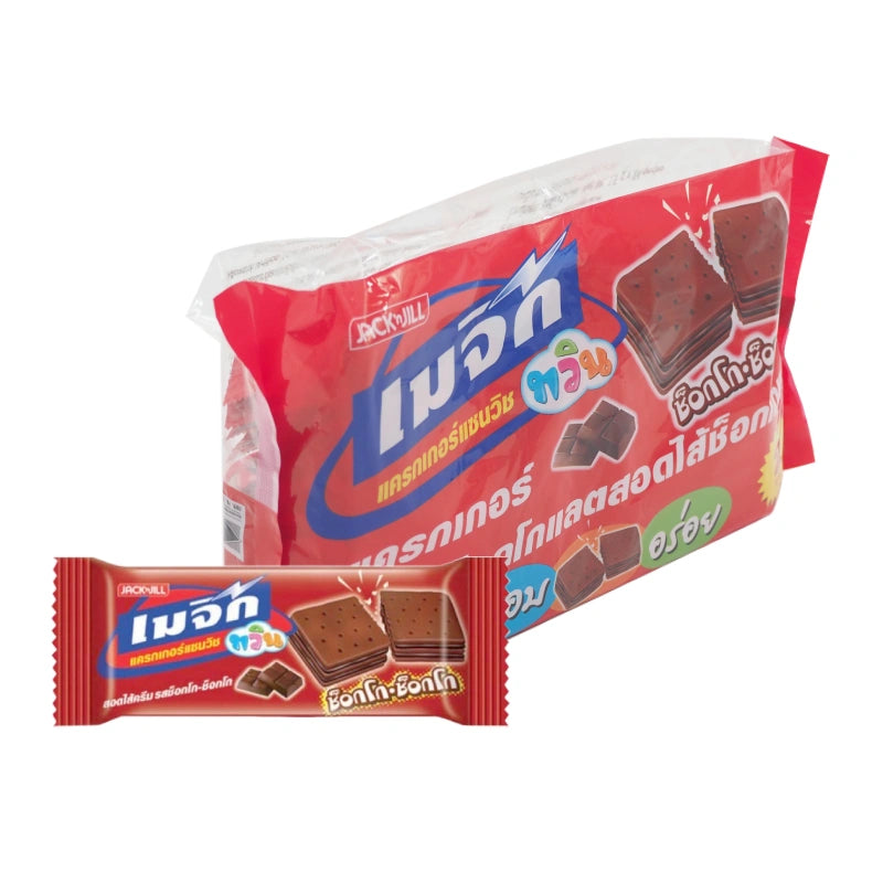 MAJIC Choco Cracker snack pack with 15g x 24 pieces, featuring chocolate-coated crackers in a colorful package.