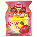 Yogee Strawberry Flavour Konjac Jelly, a colorful confectionery snack with pink and white jelly pieces in a clear container.