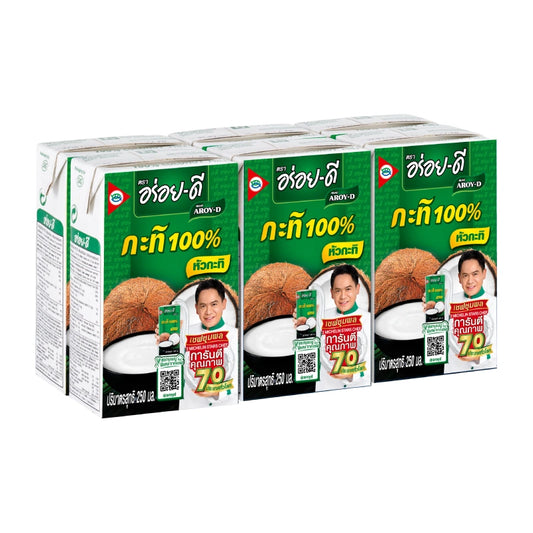 Coconut milk can from AROY-D, 250ml x 6 pack, showing a white can with AROY-D branding and coconut imagery.