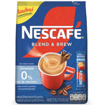 Nescafe Blend & Brew instant coffee drink with no sugar, featuring a steaming cup of coffee with a Nescafe branded package in the background.